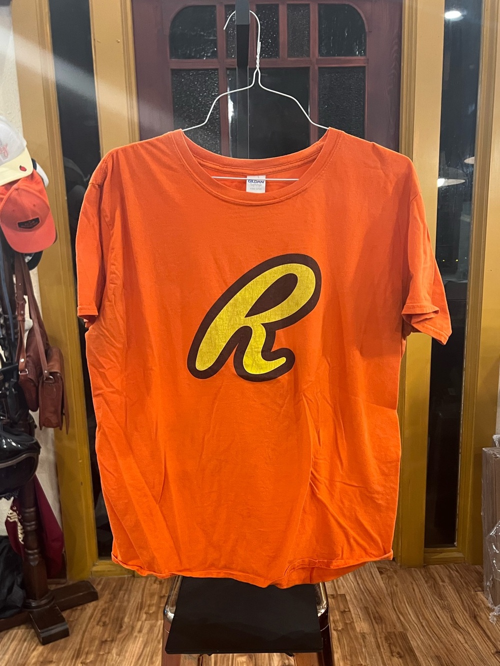 Orange Graphic Short Sleeve Tee with 'R' Logo